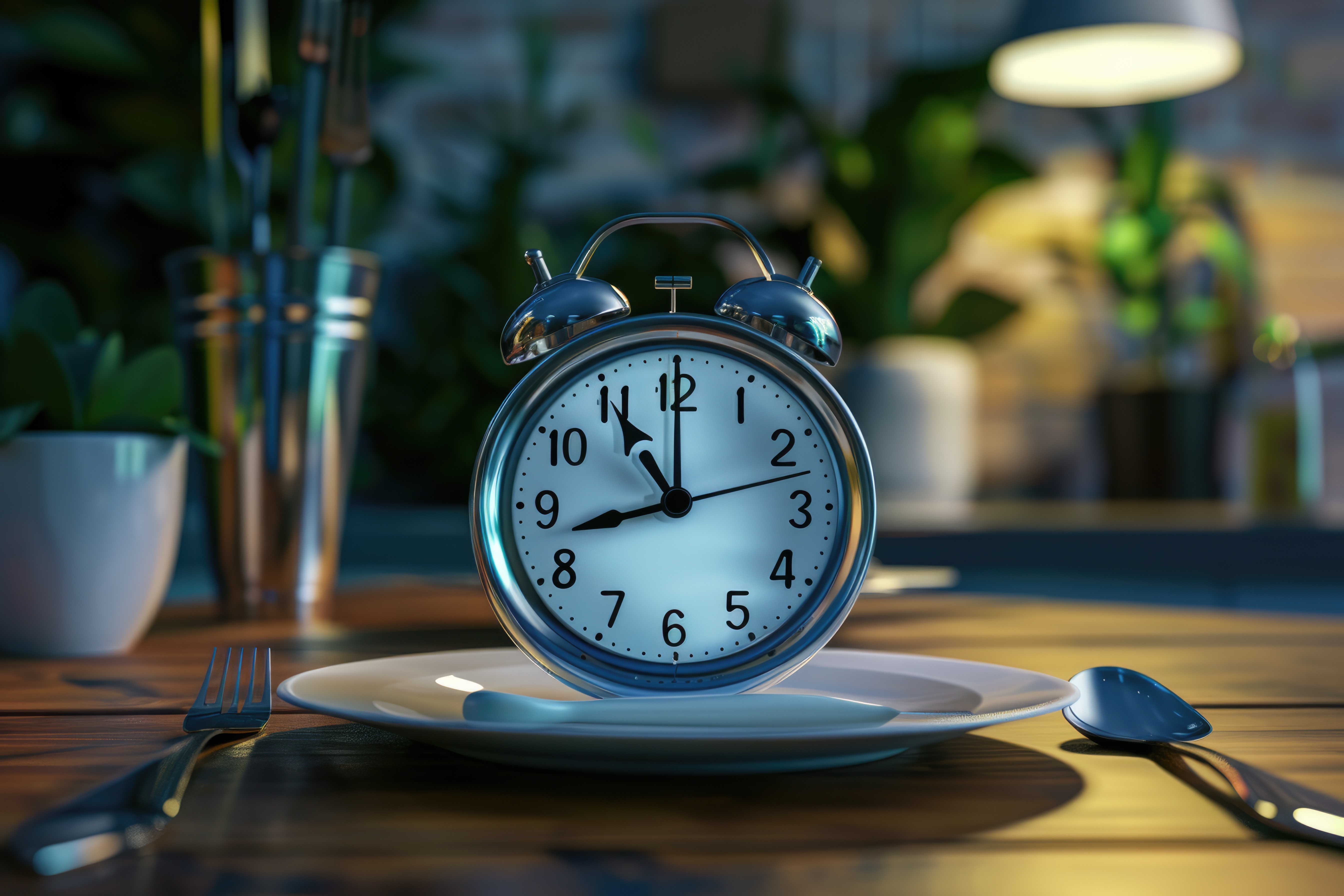 Illustrative image of a clock on a plate with a fork and knife